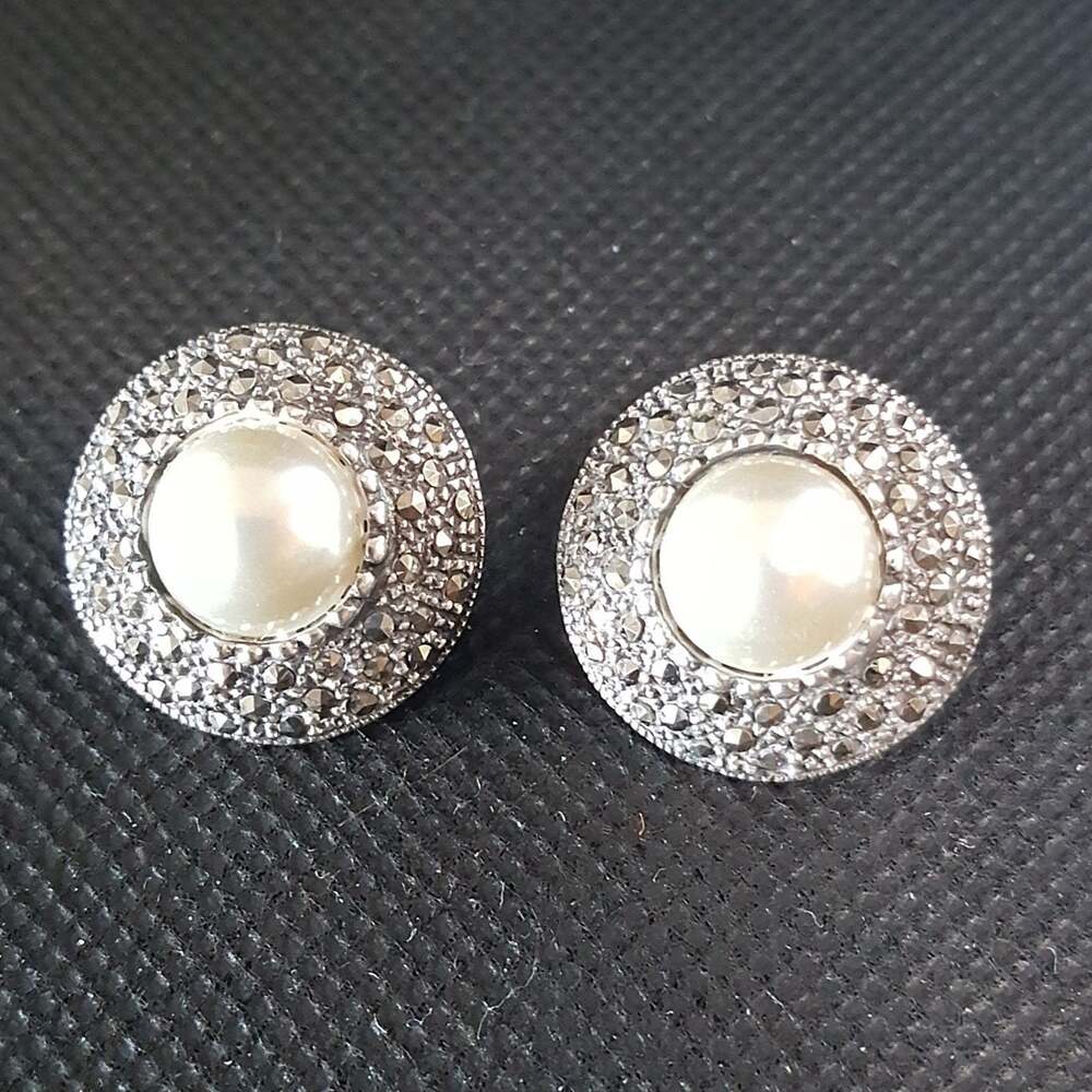1950s Vintage Sterling, Pearl and Marcasite Clip on Earrings